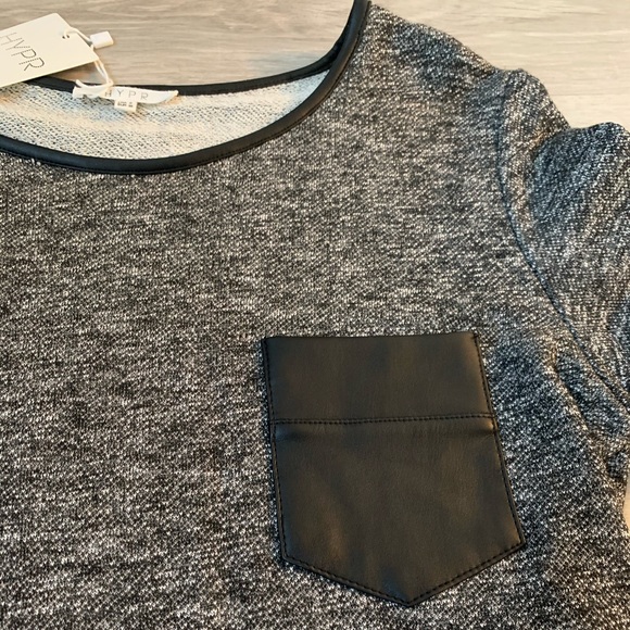 Black Vegan Leather Pocket Sweatshirt Top - Picture 7 of 7